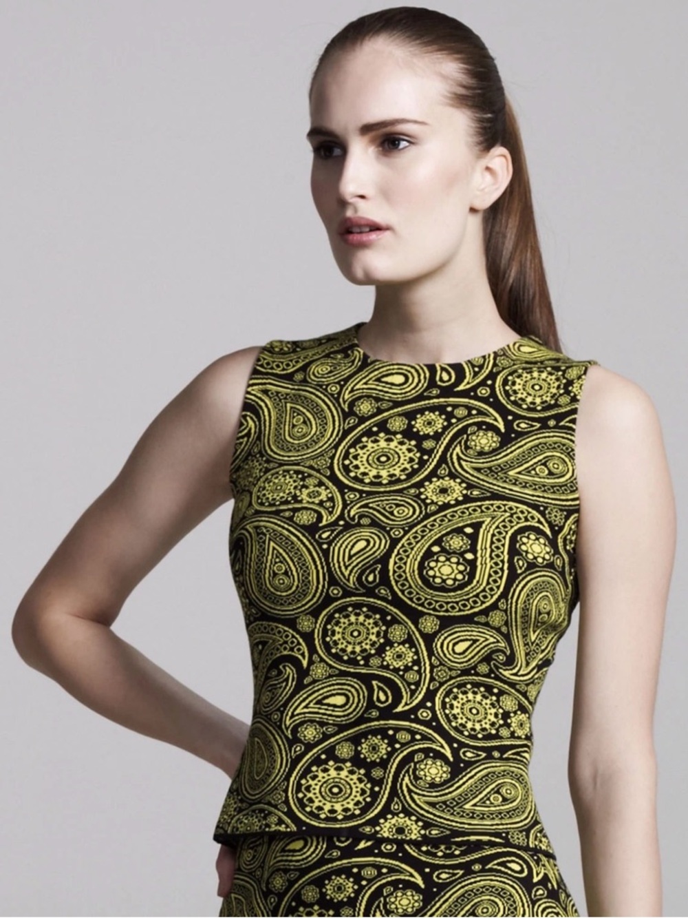 Jil Sander Oxford Knitted Cotton Sleeveless Top Paisley Black Yellow 100% Cotton